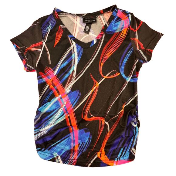 Jennifer Lauren Top Large Colorful Abstract Brushstroke Ruched Tee V Neck Shirt - Picture 8 of 9